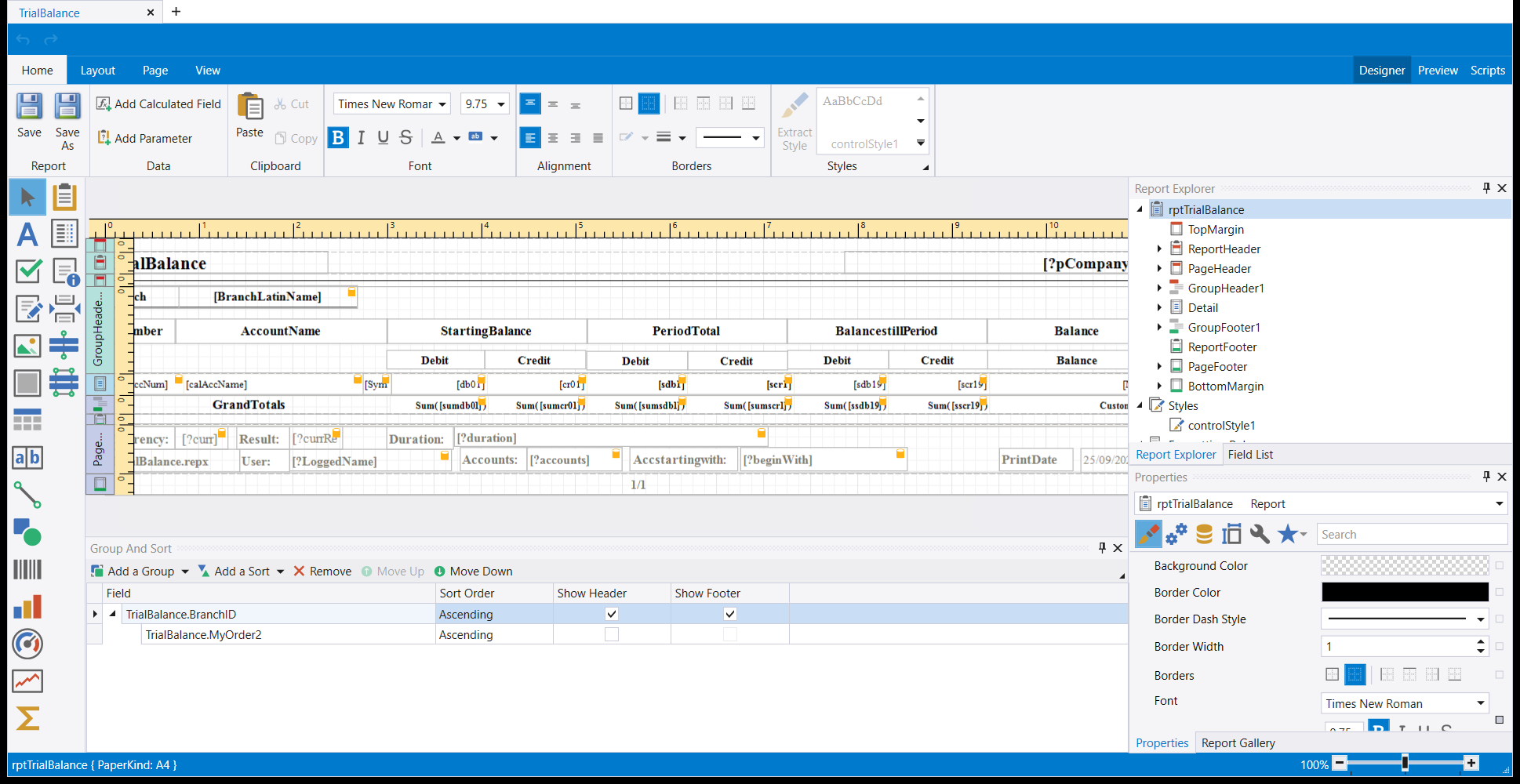 The Report designer opened from Trial balance on its TrialBalance tab: the Home ribbon with Save and Save As, the toolbox at the left, the page divided into bands in the middle, Group And Sort underneath, and Report Explorer and Properties at the right