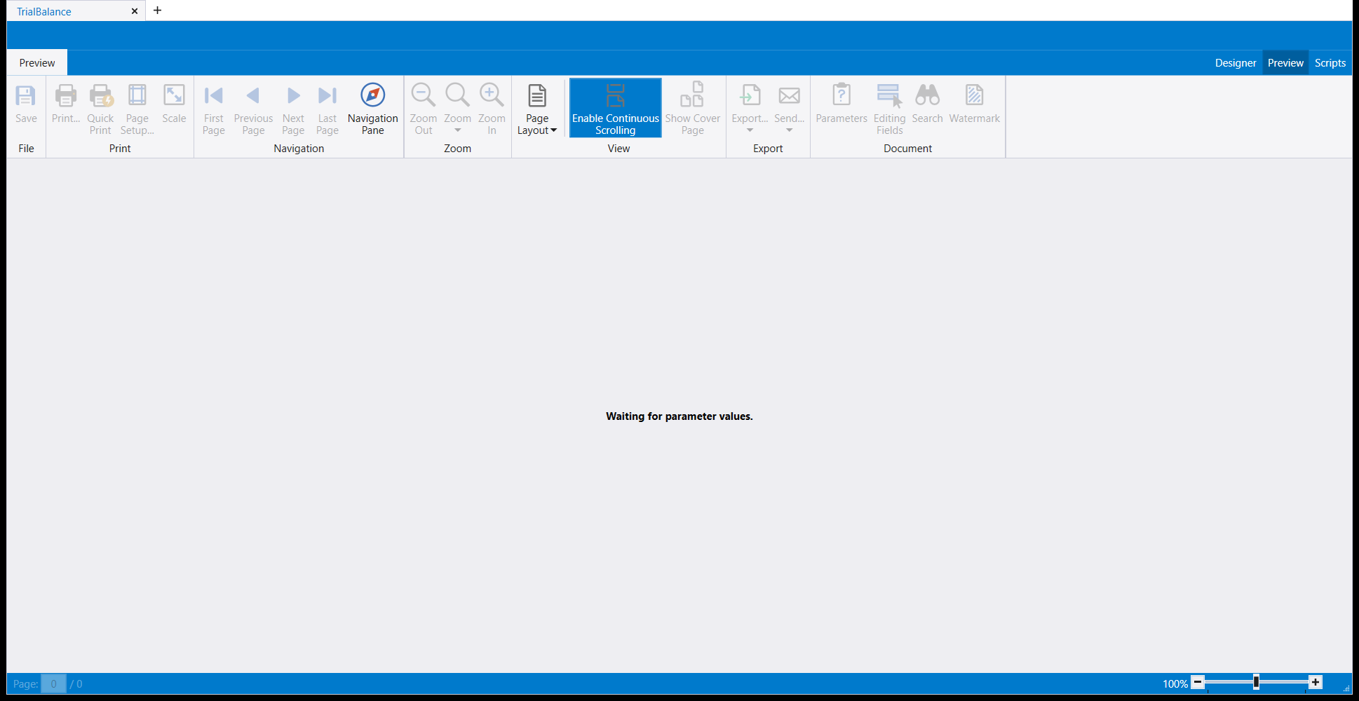 The designer's own Preview tab reading Waiting for parameter values, with its File, Print, Navigation, Zoom, View, Export and Document groups