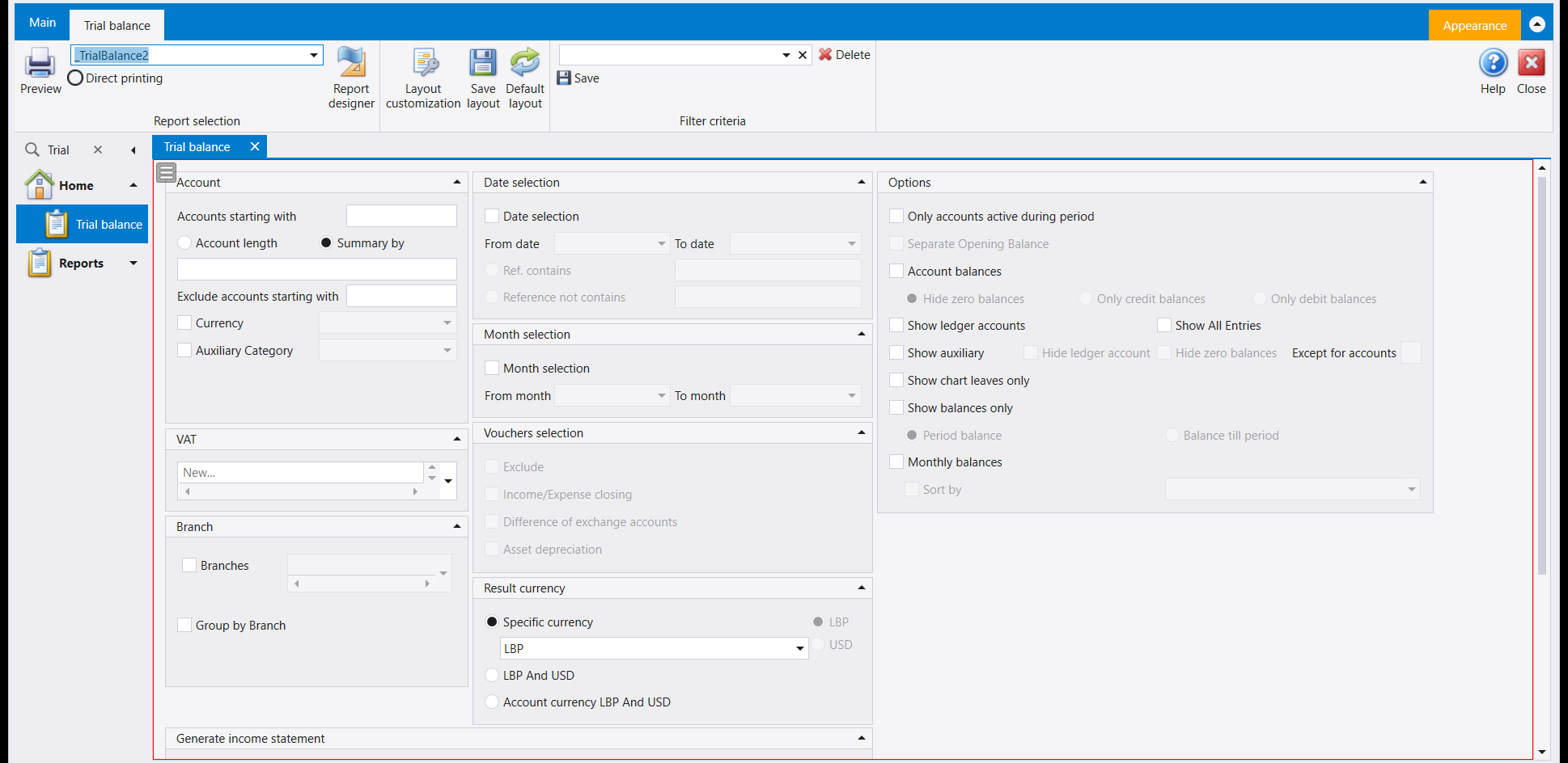 The Trial balance with Layout customization switched on: a thin red frame round the criteria area and a small menu handle at its top-left corner