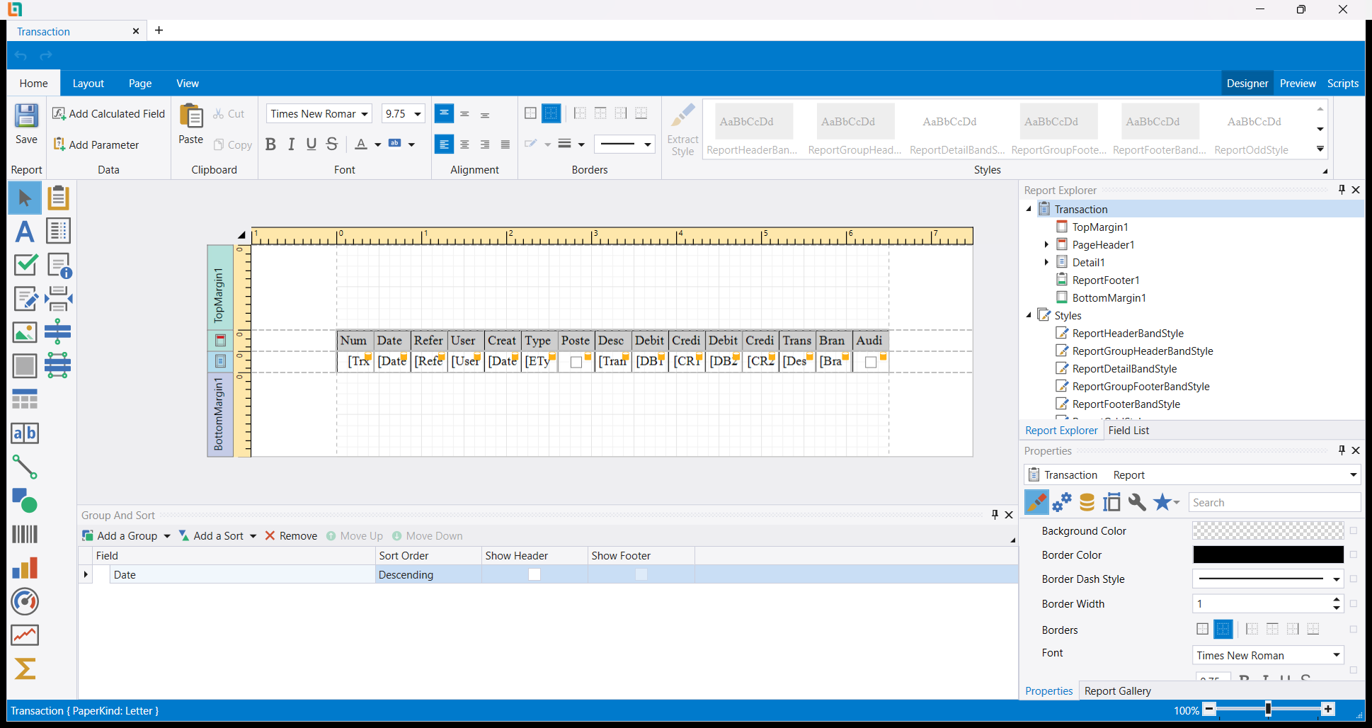 The Report designer opened from the Journal vouchers list: a report generated from the list, with the list's columns across the page, Group And Sort showing Date in descending order, and Save in the Report group