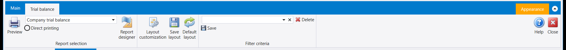 The Trial balance ribbon after the company layouts were installed: Report selection already reading Company trial balance, the first of the company's own layouts