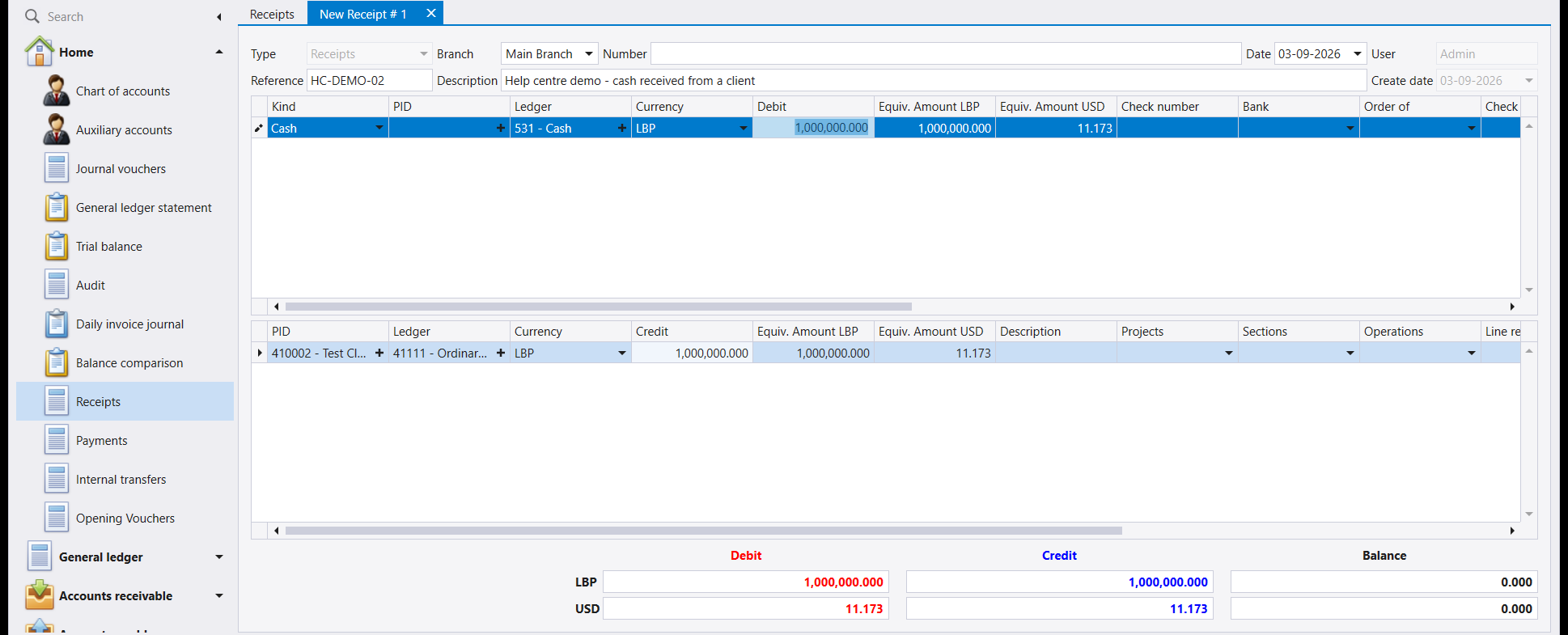 Both lines entered. The red warning has gone and Balance reads 0.000 on both the LBP and the USD row