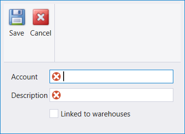 The New chart form: Account, Description and Linked to warehouses