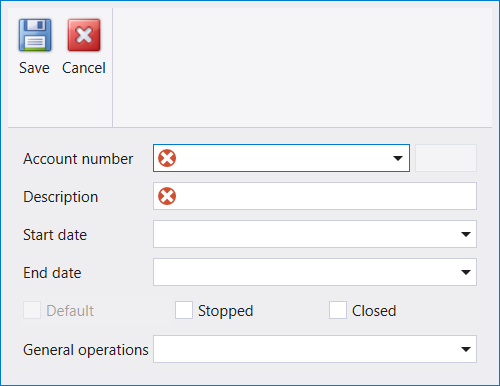 The New detail form: Account number, Description, Start date, End date, Default, Stopped, Closed and General operations