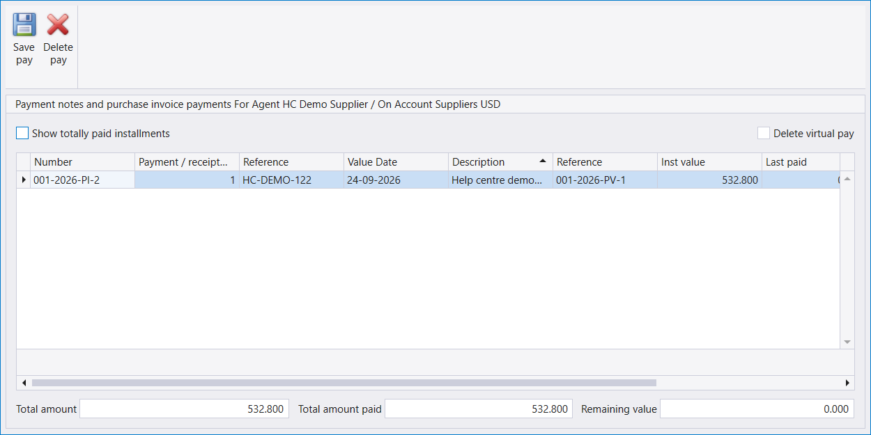 The Payment allocation panel: one invoice fully matched, with Save pay and Delete pay above it