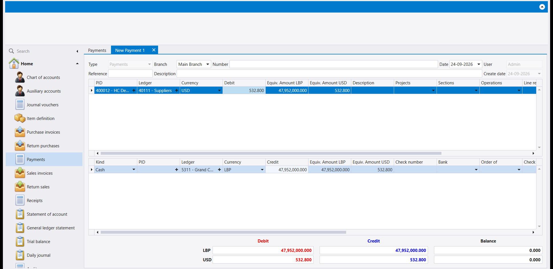 The same payment filled in: a USD supplier line balanced against an LBP cash line, both totals reaching zero