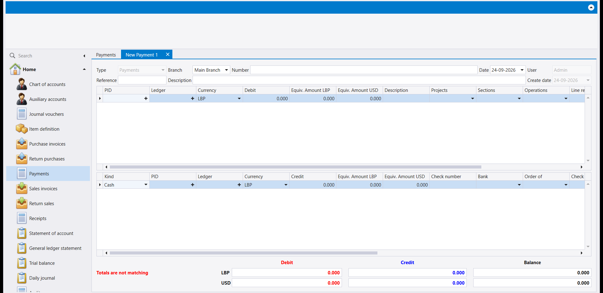 A blank new Payment: top grid PID, Ledger, Currency and Debit; bottom grid Kind, Ledger, Currency and Credit