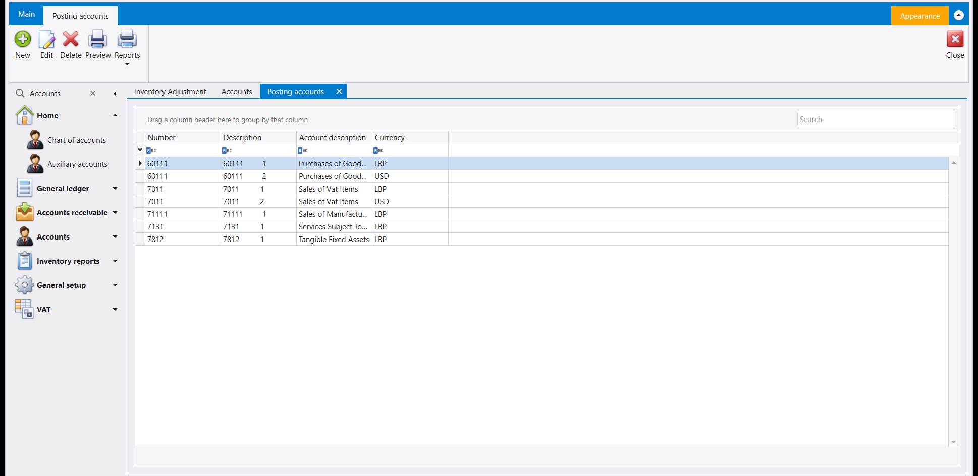 The posting accounts list, one row per account per currency