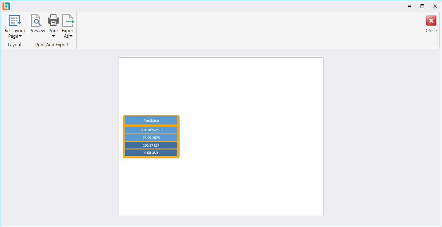 The Relation Matrix window drawing a single document box for a standalone invoice, with its number, date and totals