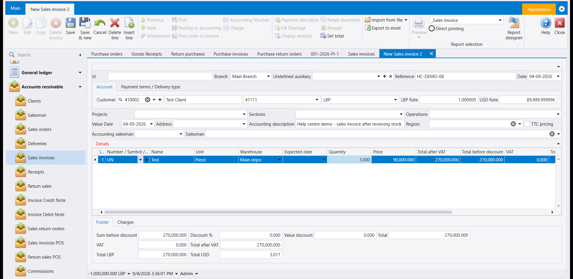 A sales invoice with one line: item Test, unit Piece, warehouse Main depo, quantity 3.000 at price 90,000.000, giving 270,000.000, and a footer reading Sum before discount 270,000.000, Total 270,000.000, Total LBP 270,000.000 and Total USD 3.017