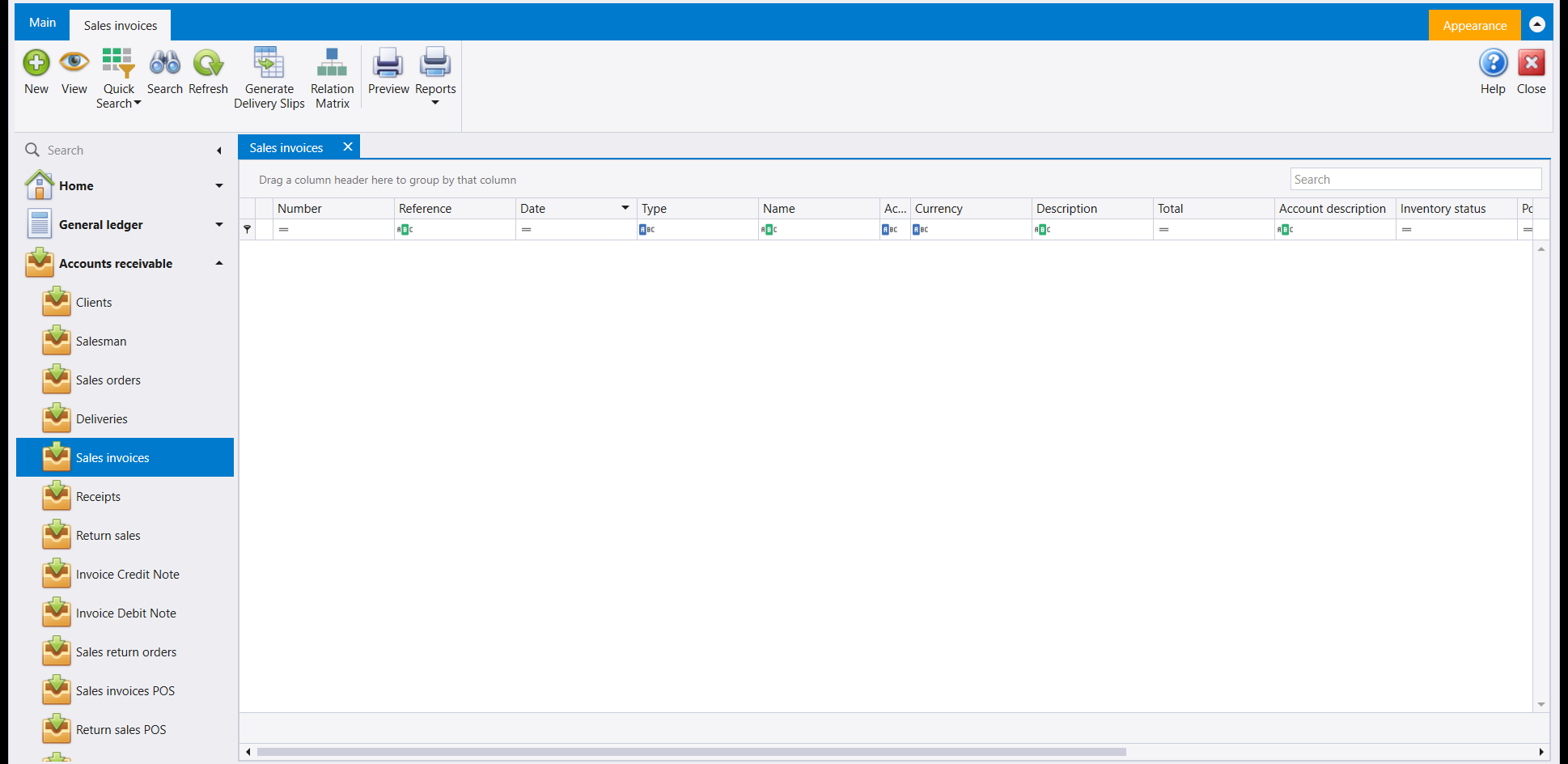 The Sales invoices list. The ribbon carries New, View, Quick Search, Search, Refresh, Generate Delivery Slips, Relation Matrix, Preview and Reports, and the grid has Number, Reference, Date, Type, Name, Currency, Description, Total, Account description and Inventory status columns
