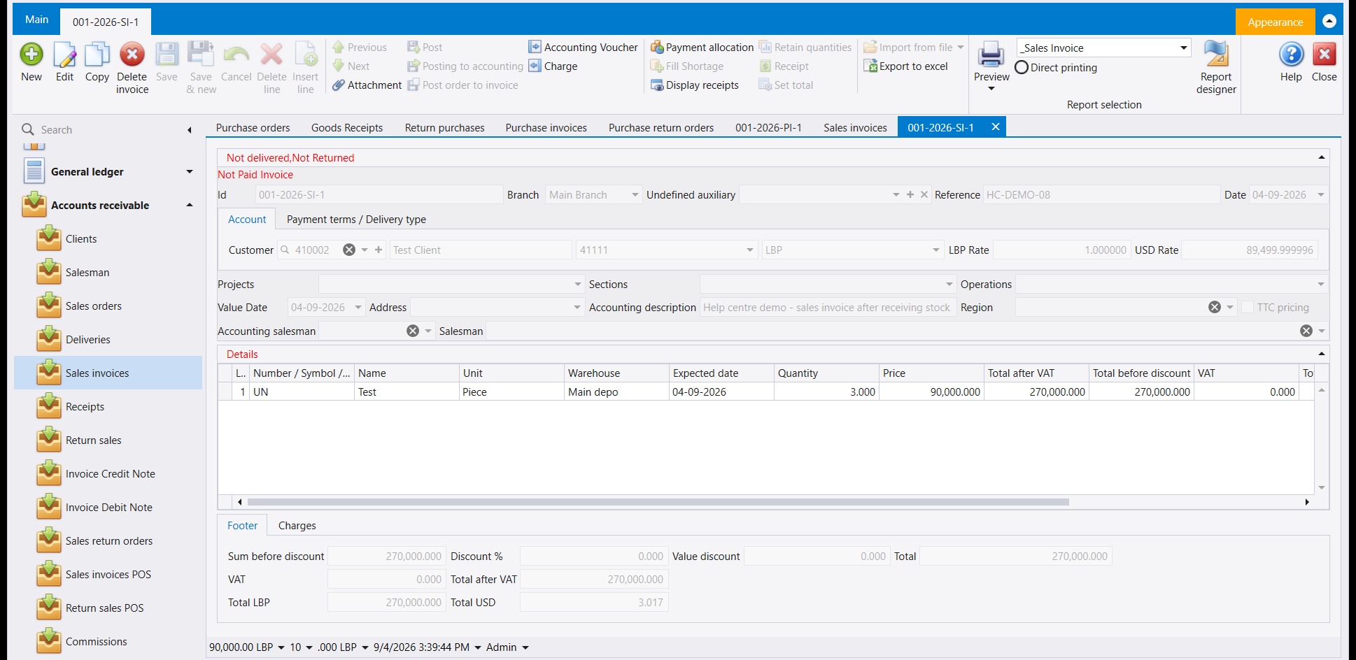 The saved sales invoice. The tab and the Id field both read 001-2026-SI-1, with red lines reading Not delivered, Not Returned and Not Paid Invoice