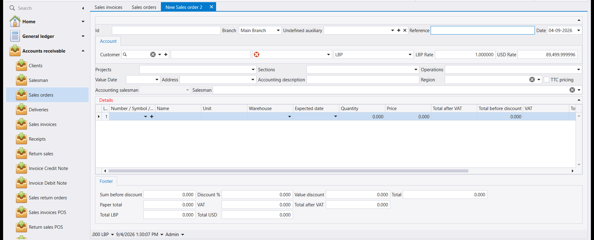 A new sales order, empty. The header carries Id, Branch, Undefined auxiliary, Reference and Date, an Account tab with Customer, account, currency, LBP Rate and USD Rate, then Projects, Sections, Operations, Value Date, Address, Accounting description and Region