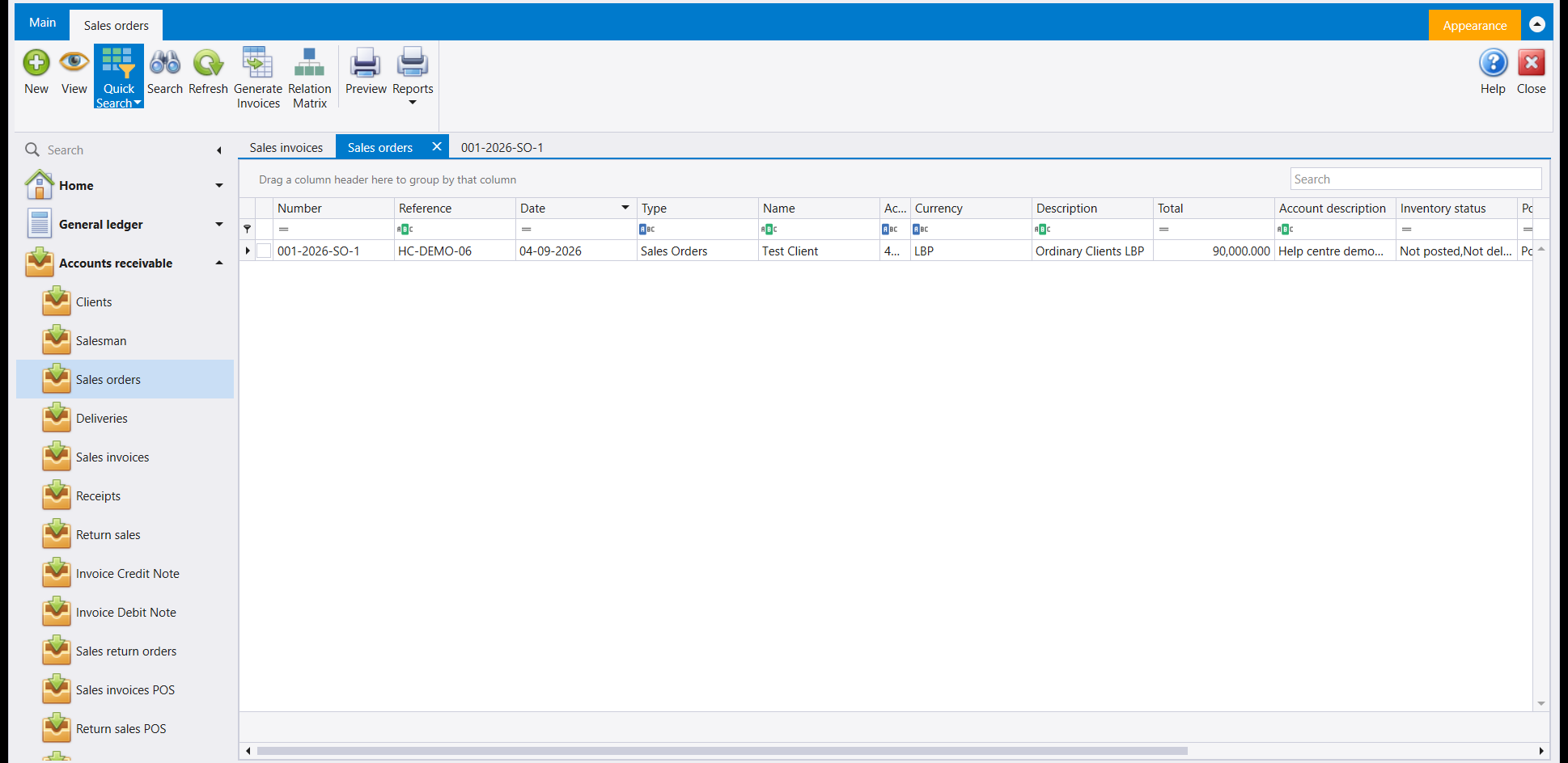 The Sales orders list showing one row: number 001-2026-SO-1, reference HC-DEMO-06, date 04-09-2026, type Sales Orders, name Test Client, currency LBP, description Ordinary Clients LBP, total 90,000.000 and inventory status Not posted, Not delivered