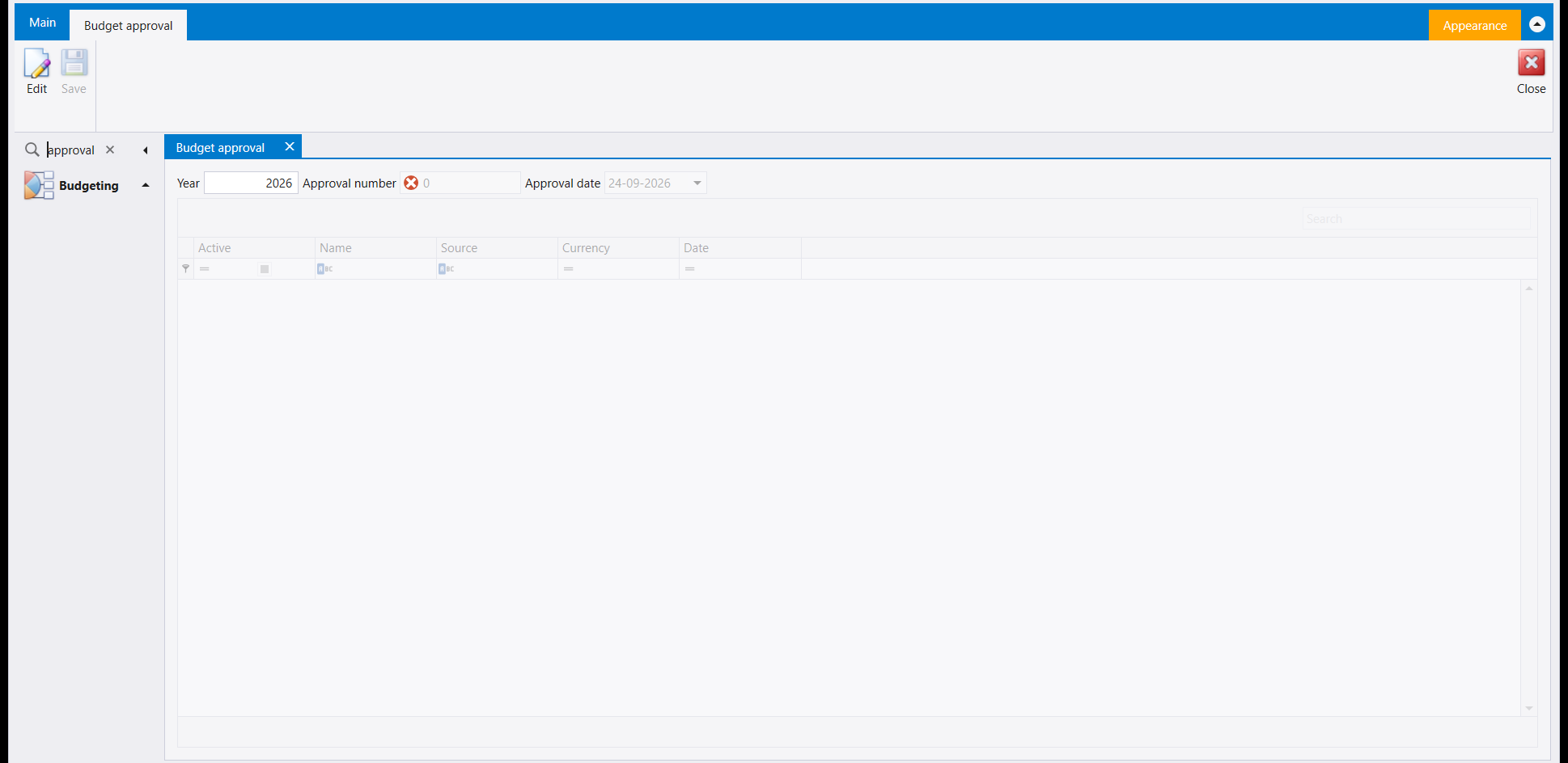 The Search box reading approval and the Budget approval screen it opened: Year, Approval number and Approval date above a grid of Active, Name, Source, Currency and Date, with Edit and Save on the ribbon