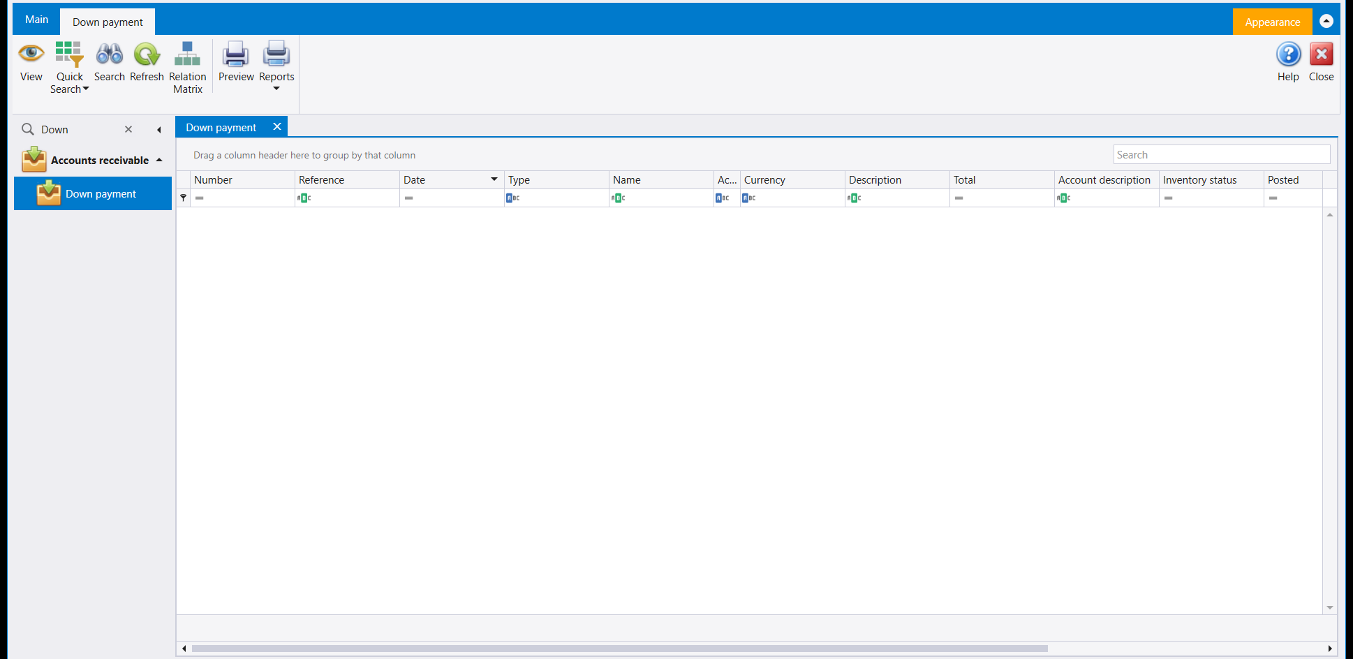 The navigation Search box reading Down, and the Down payment list it opened under Accounts receivable, with View, Quick Search, Search, Refresh, Relation Matrix, Preview and Reports on its ribbon