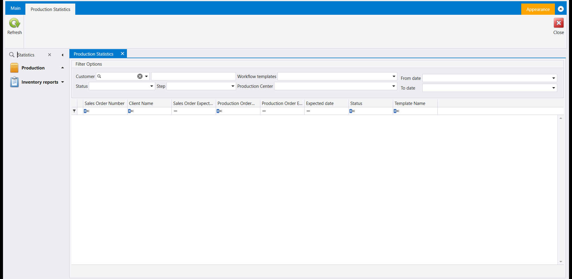 The Search box reading Statistics and the Production Statistics screen it opened: Filter Options for Customer, Workflow templates, Status, Step, Production Center and dates above a grid of sales and production orders