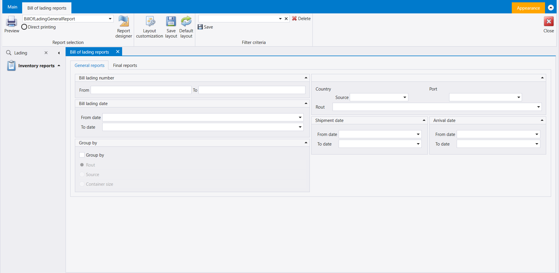 Bill of lading reports opened from the Search box under Inventory reports: the General reports tab with Bill lading number, Bill lading date, Group by, Country, Port, Rout, Shipment date and Arrival date