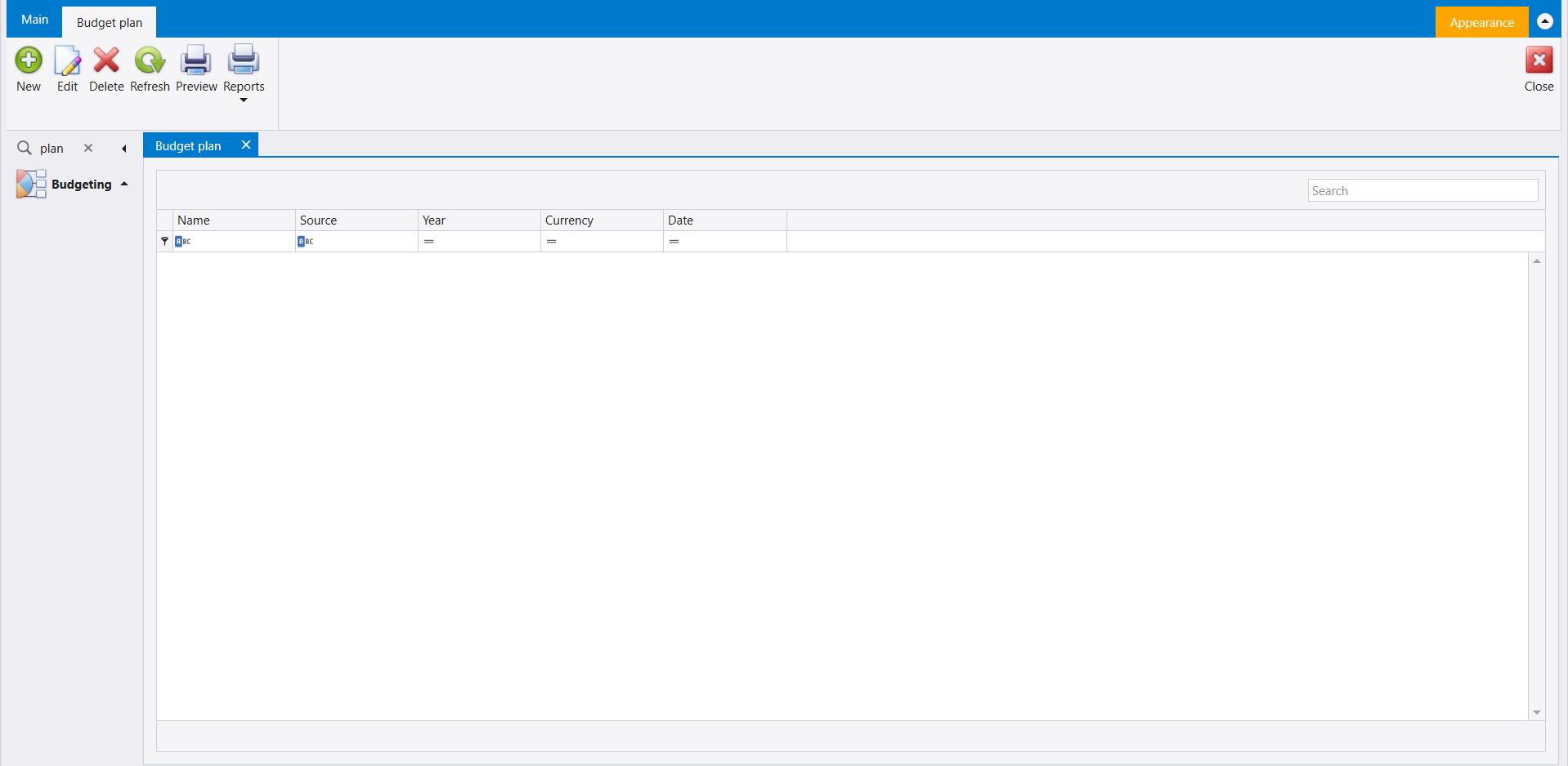 Budget plan opened from the Search box under Budgeting, empty, with Name, Source, Year, Currency and Date columns