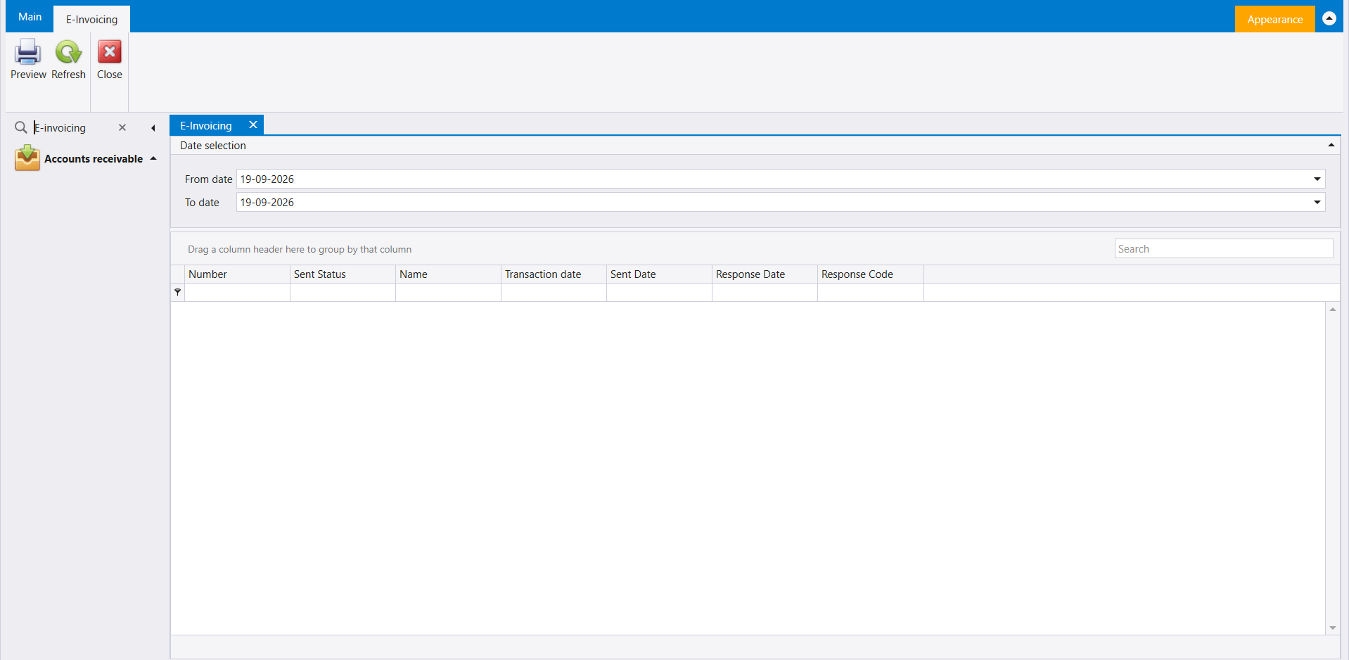 E-Invoicing opened from the Search box: From date and To date, and an empty list with Number, Sent Status, Name, Transaction date, Sent Date, Response Date and Response Code