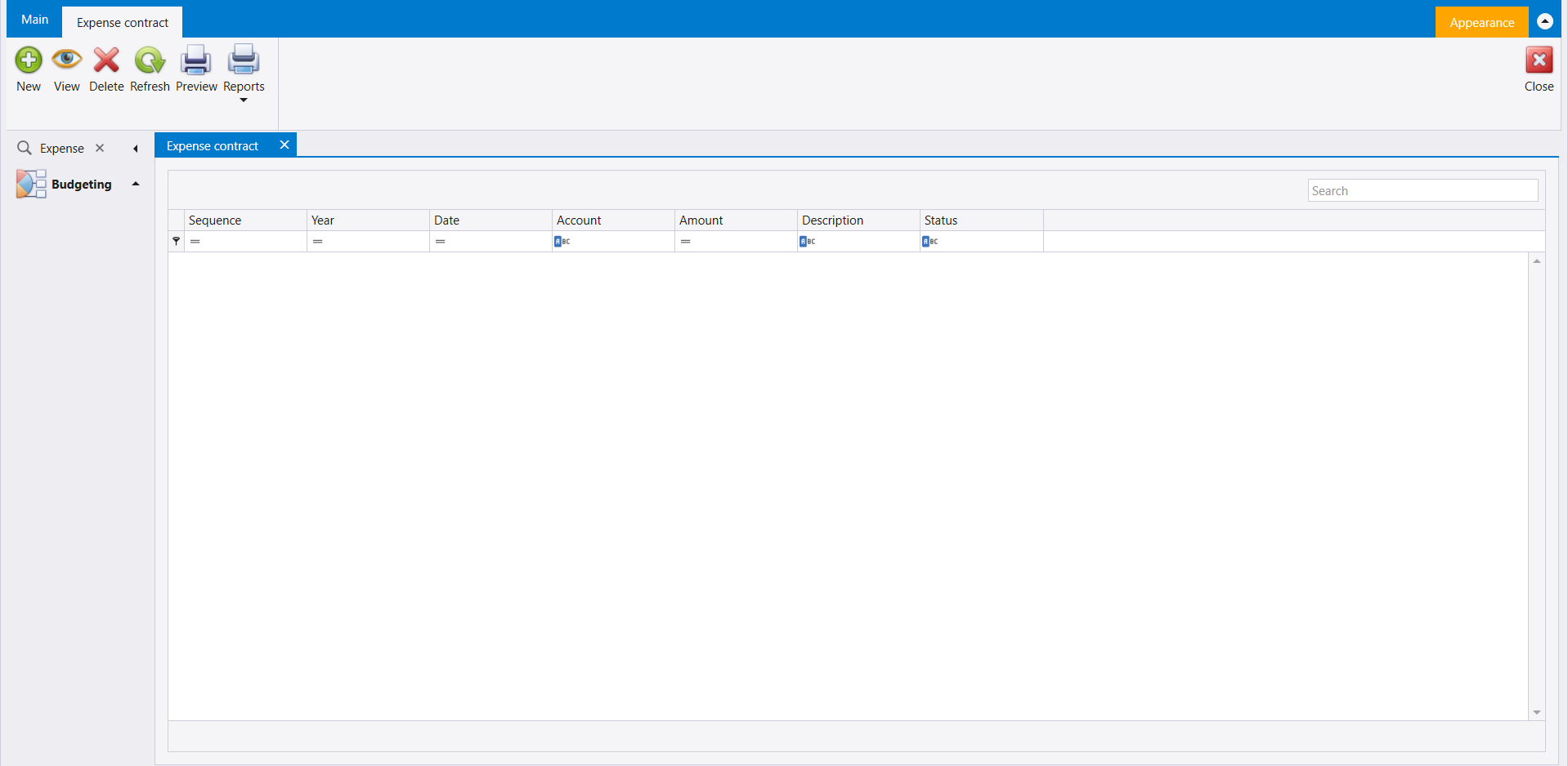 Expense contract opened from the Search box, empty, with New, View, Delete, Refresh, Preview and Reports on its ribbon
