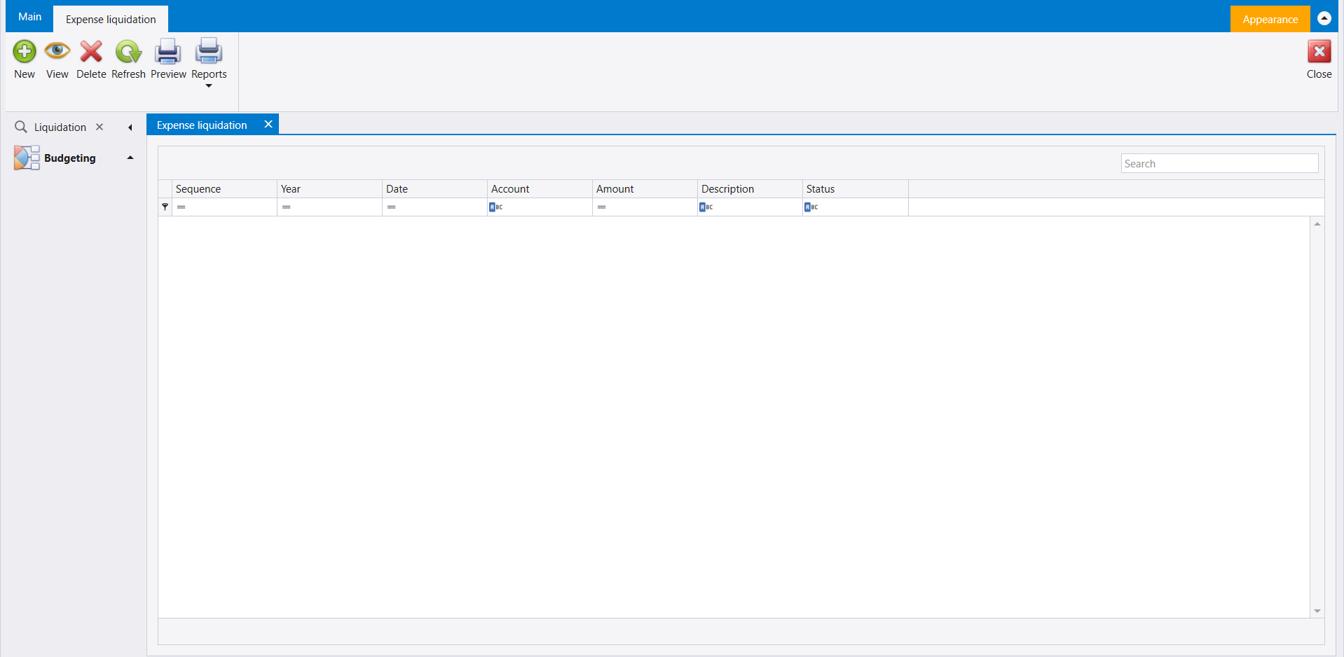 Expense liquidation opened from the Search box, empty, with the same columns and ribbon as Expense contract