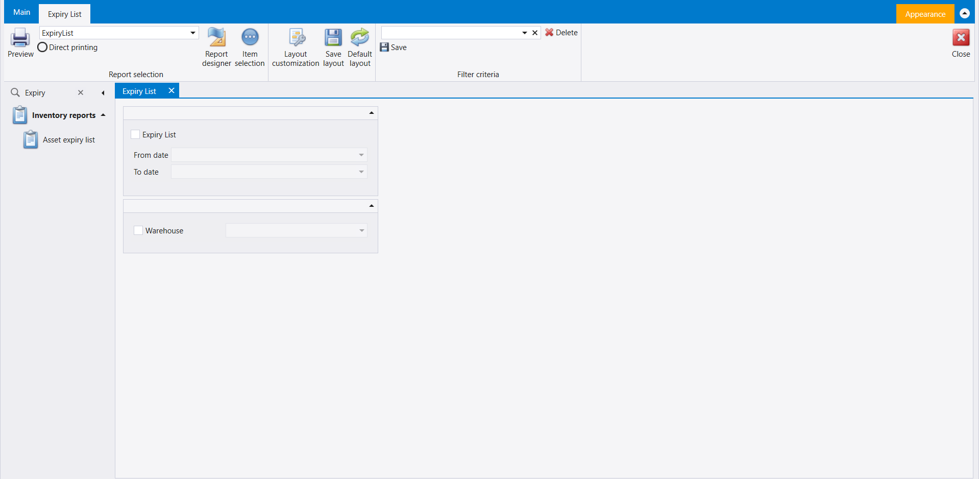 Expiry List opened from the Search box under Inventory reports: Expiry List with From date and To date, and Warehouse