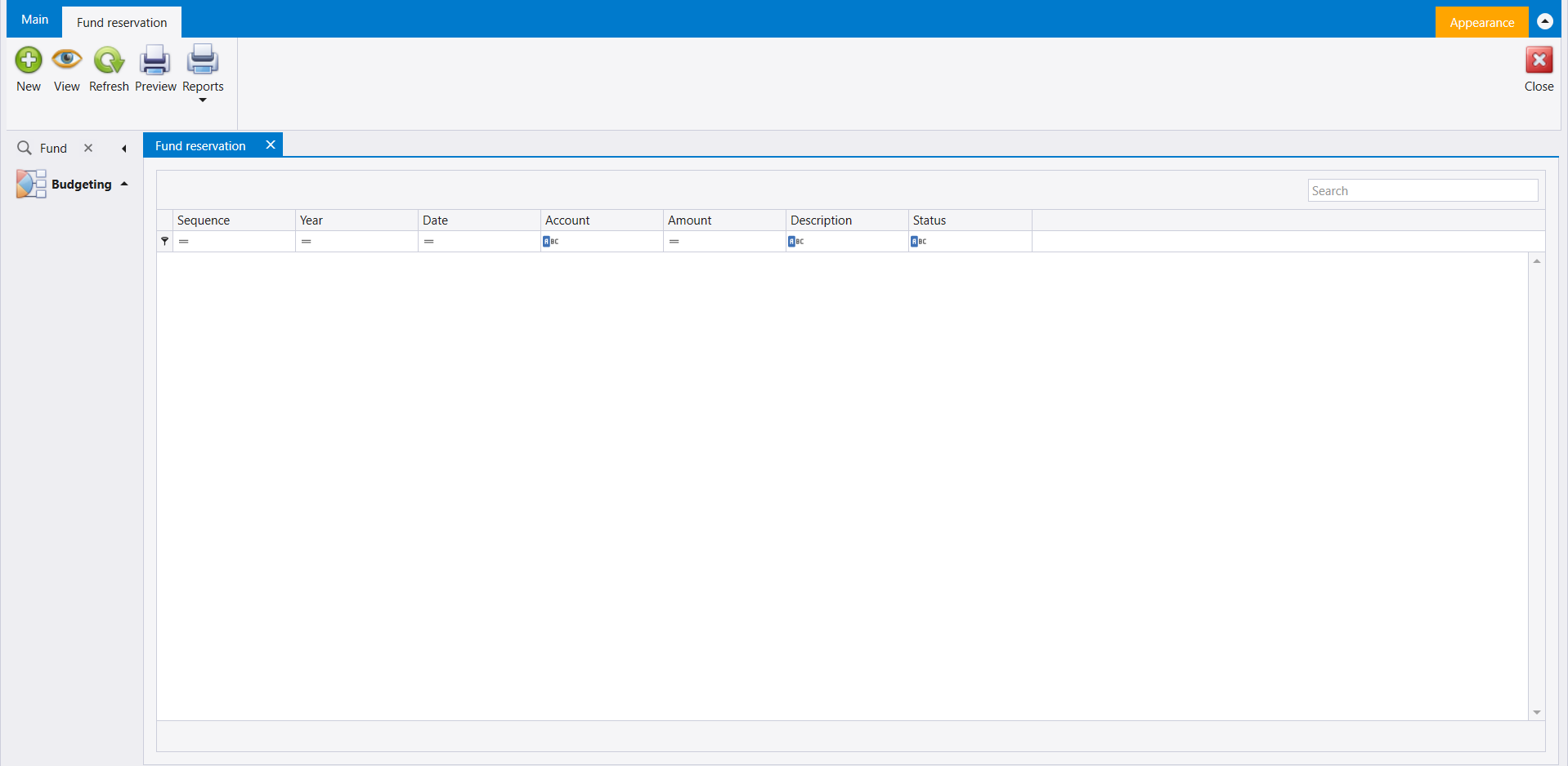 Fund reservation opened from the Search box under Budgeting, empty, with Sequence, Year, Date, Account, Amount, Description and Status columns