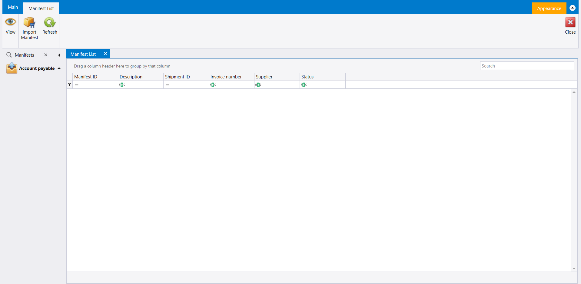 Manifest List opened from the Search box, empty, with Manifest ID, Description, Shipment ID, Invoice number, Supplier and Status columns, and View, Import Manifest and Refresh on the ribbon
