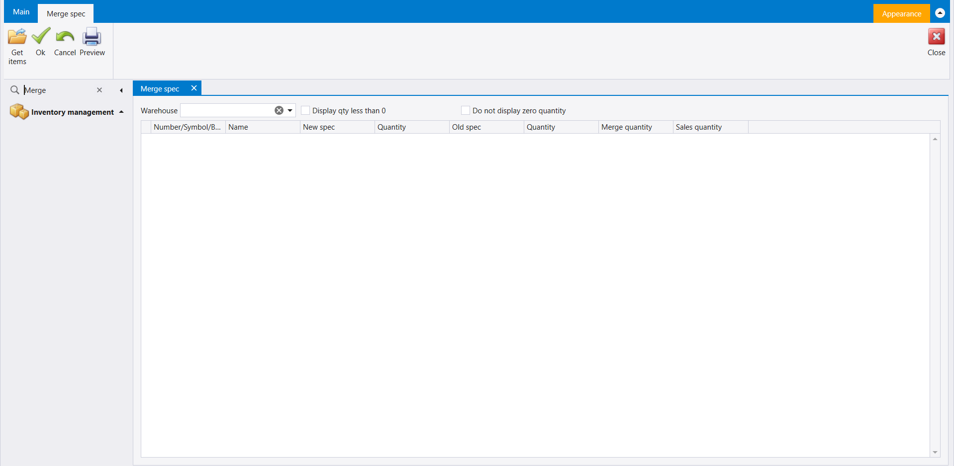Merge spec opened from the Search box under Inventory management: Warehouse, Display qty less than 0, Do not display zero quantity, and an empty grid with New spec, Old spec, Merge quantity and Sales quantity