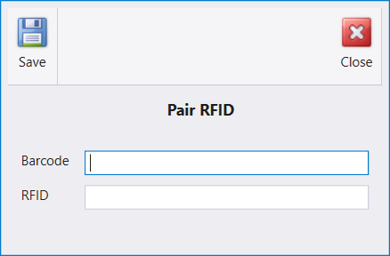 The Pair RFID window opened from the Search box: Barcode and RFID boxes, with Save and Close