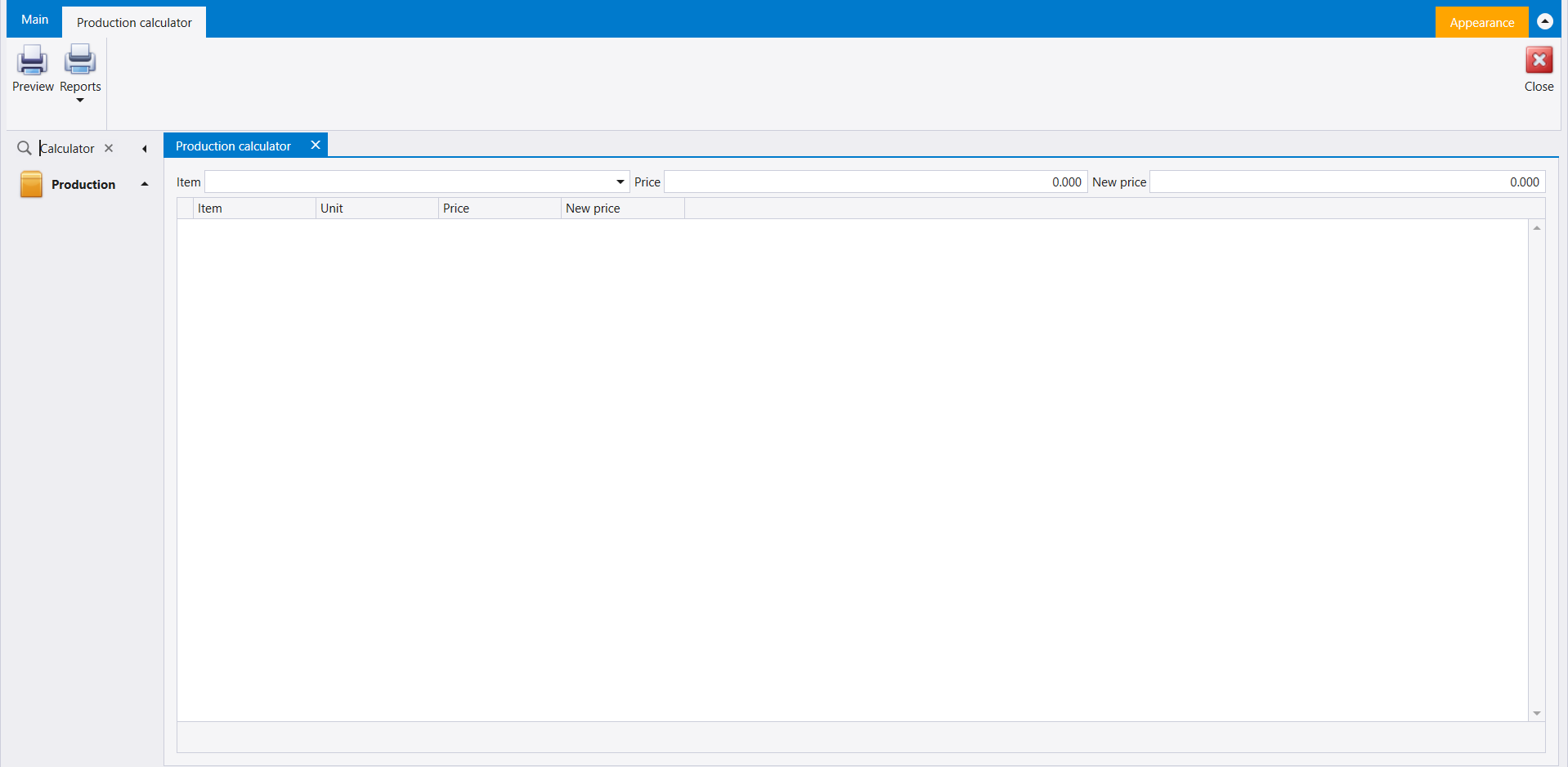 Production calculator opened from the Search box: the word Calculator in the box, the Production group header below it, and the Production calculator tab open