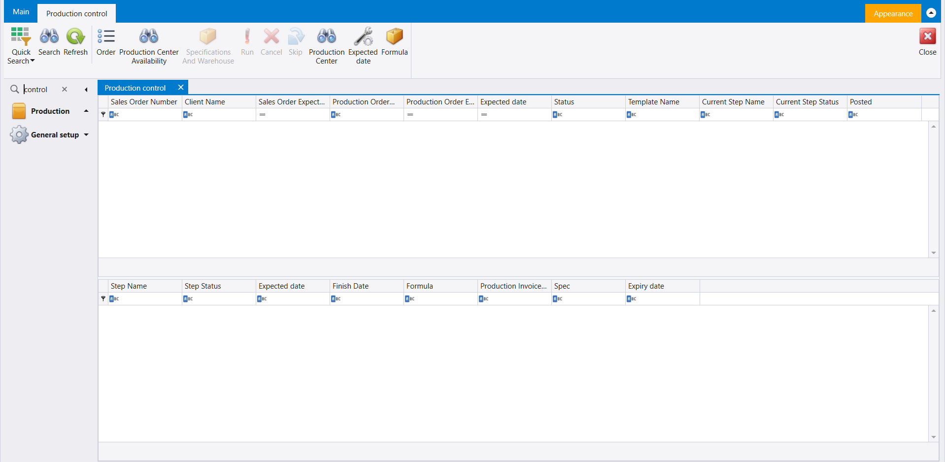 Production control opened from the Search box under Production: an upper grid of sales and production orders and a lower grid of steps