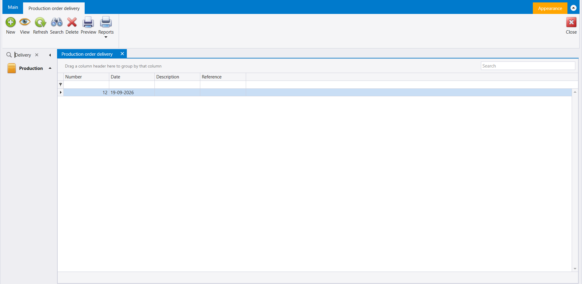Production order delivery opened from the Search box under Production, with Number, Date, Description and Reference columns
