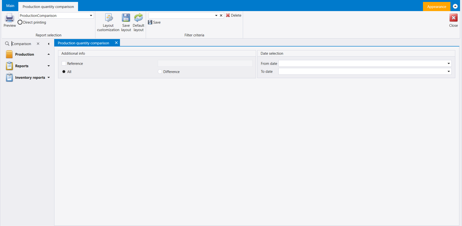 Production quantity comparison opened from the Search box under Production: Reference, All or Difference, and From date and To date