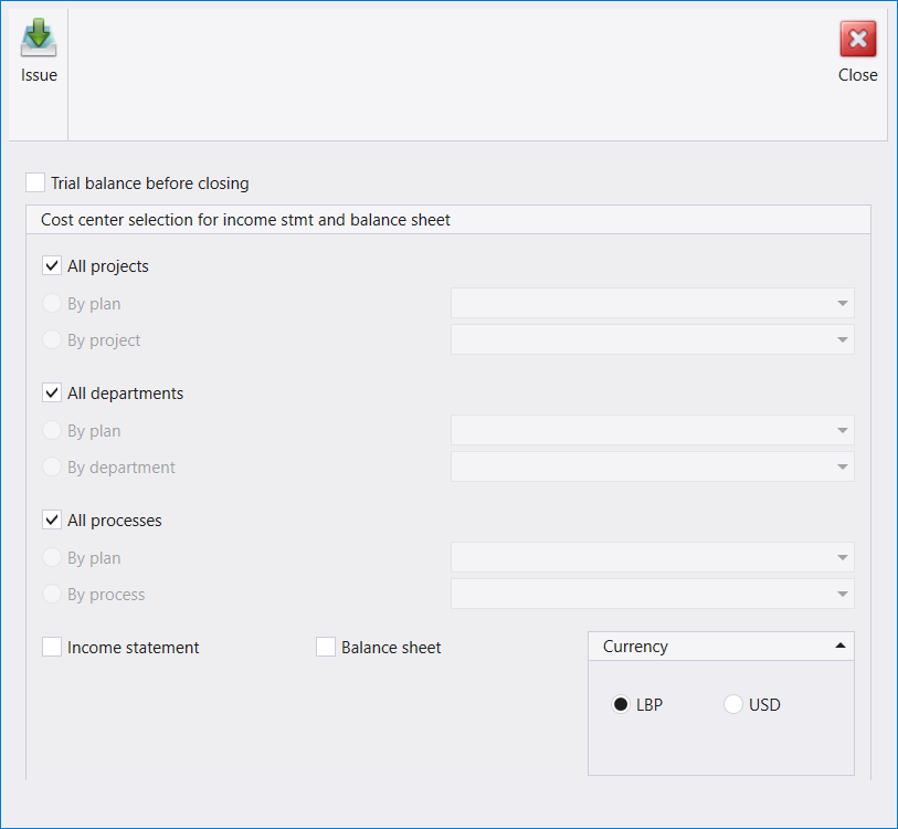 The Results reports window opened from the Search box: Issue and Close, Trial balance before closing, cost center selection, Income statement, Balance sheet and Currency