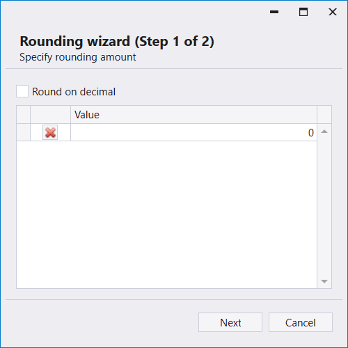 Rounding wizard, step 1 of 2: Specify rounding amount, Round on decimal and a Value grid, with Next and Cancel