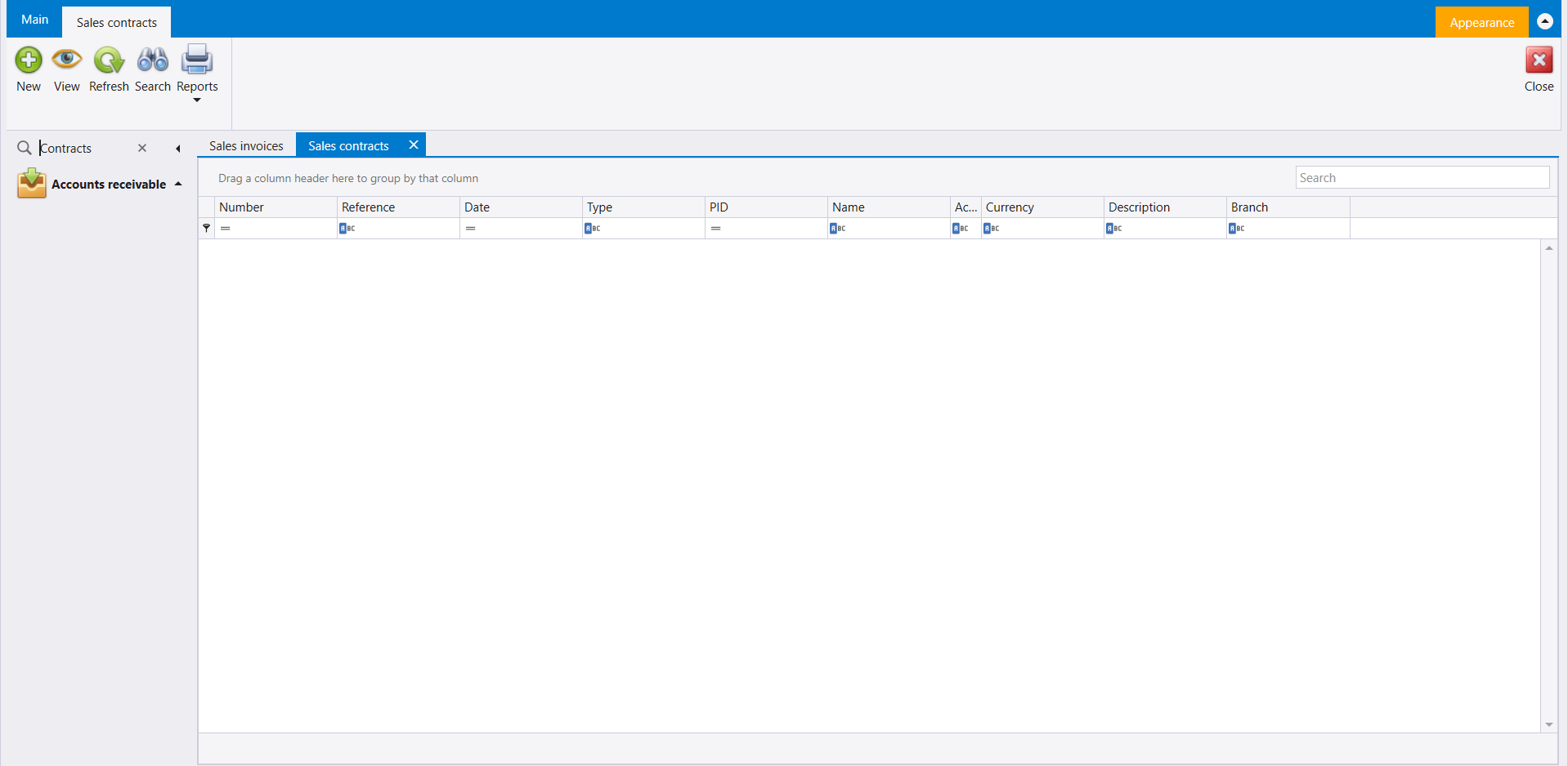 The Sales contracts list opened from the Search box, empty, with the same columns and ribbon as Sales offers