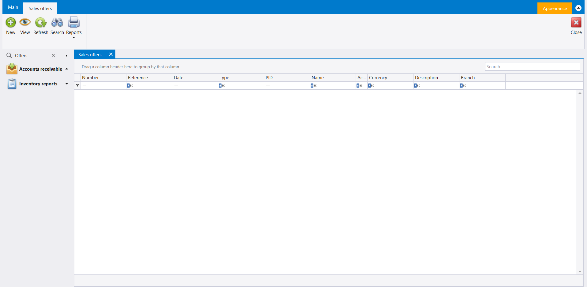 The Sales offers list opened from the Search box, empty, with New, View, Refresh, Search and Reports on its ribbon
