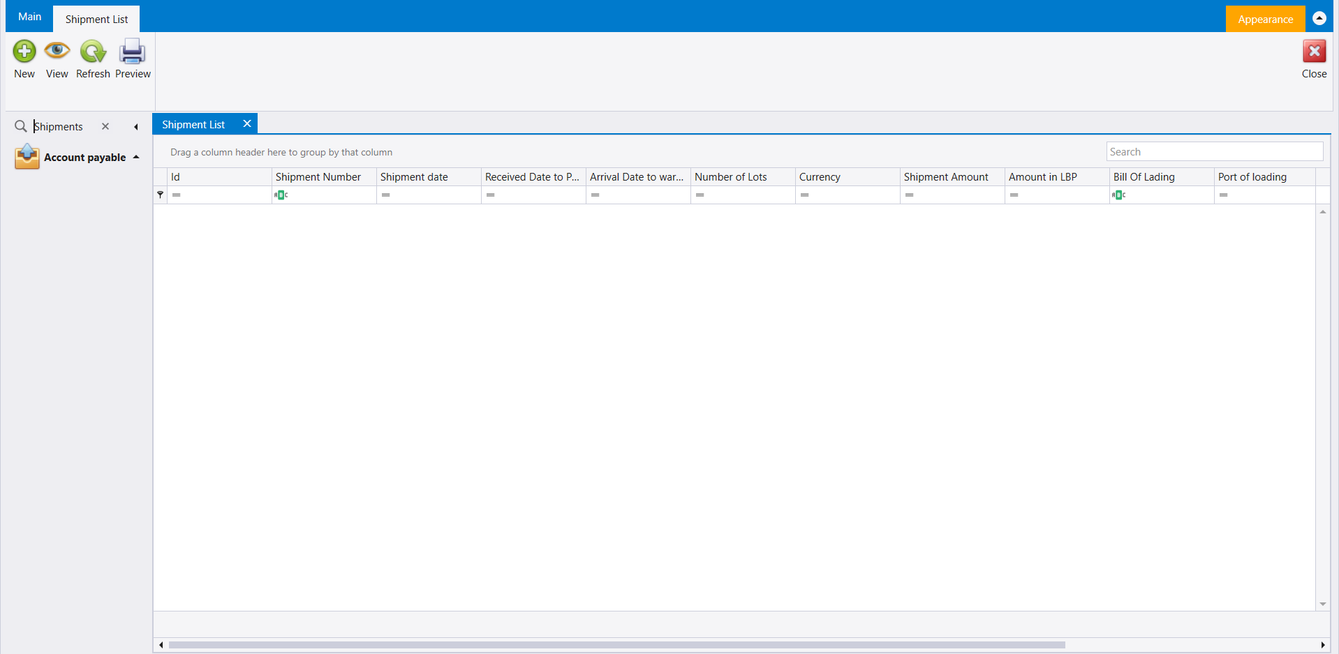 Shipment List opened from the Search box under Account payable, empty, with Shipment Number, Shipment date, Number of Lots, Shipment Amount, Bill Of Lading and Port of loading columns