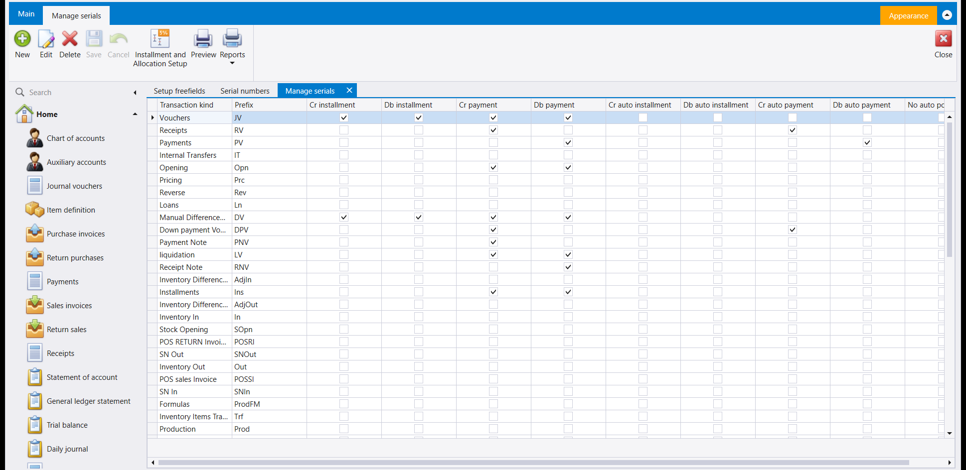 Manage serials: a long list of transaction kinds and their prefixes, with tick-box columns for Cr/Db installment, payment and auto payment