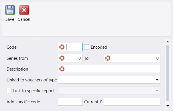 Special series entry form: Code, Series from/To, Description, Linked to vouchers of type, Link to specific report, and an additional specific code with its own current number