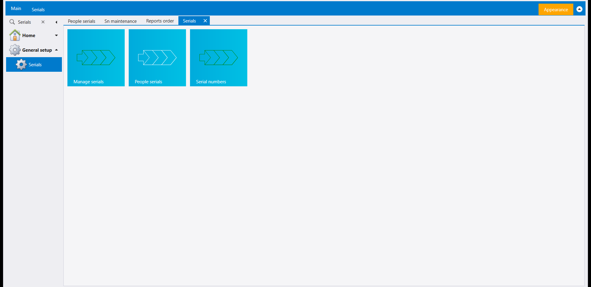 Serials page with three tiles: Manage serials, People serials and Serial numbers