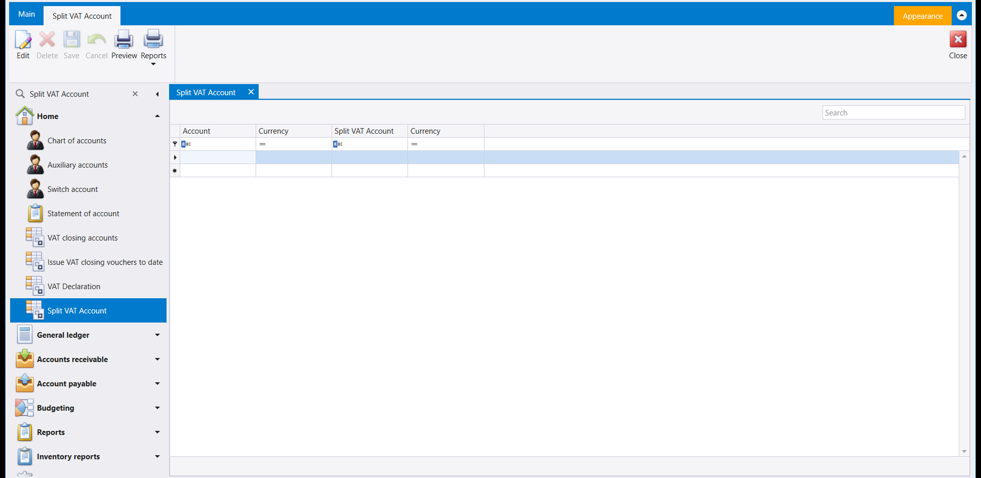 The Split VAT Account screen: a small grid with Account, Currency, Split VAT Account and Currency columns, and a ribbon carrying Edit, Delete, Save, Cancel, Preview and Reports