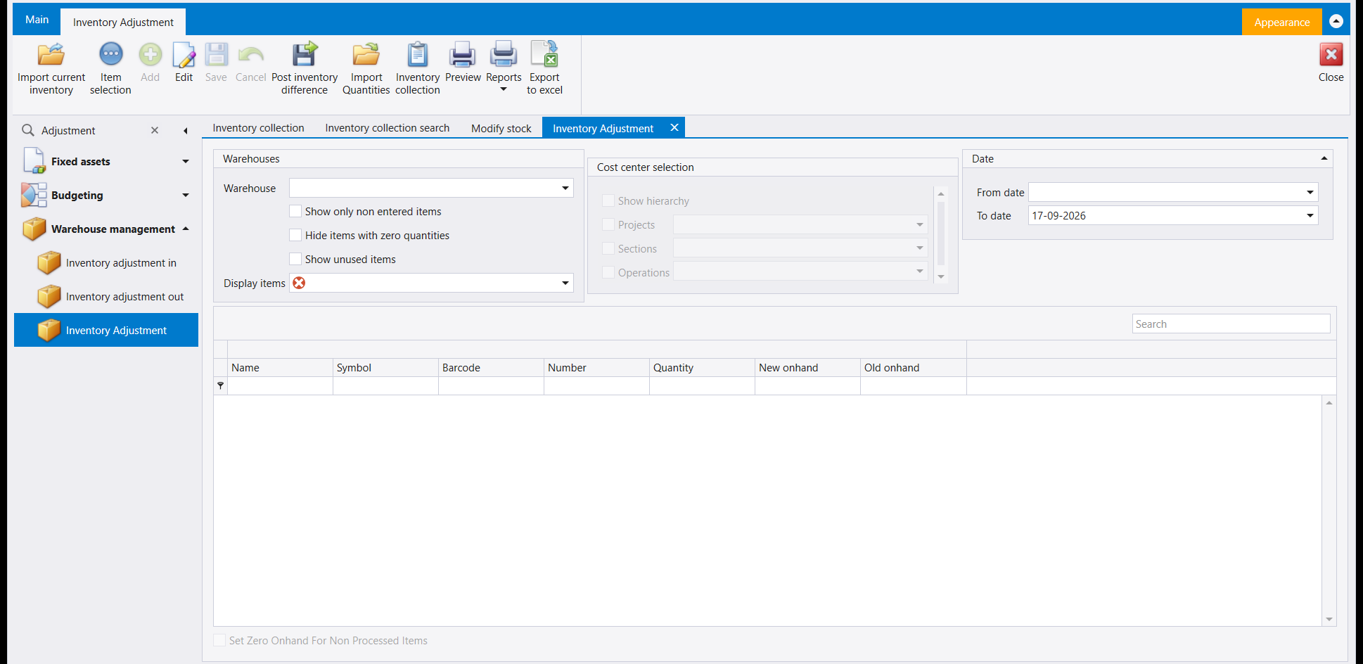The Inventory Adjustment screen: a Warehouses panel with a warehouse picker and three checkboxes, a Cost center selection panel, and a Date panel above an empty grid with Name, Symbol, Barcode, Number, Quantity, New onhand and Old onhand columns