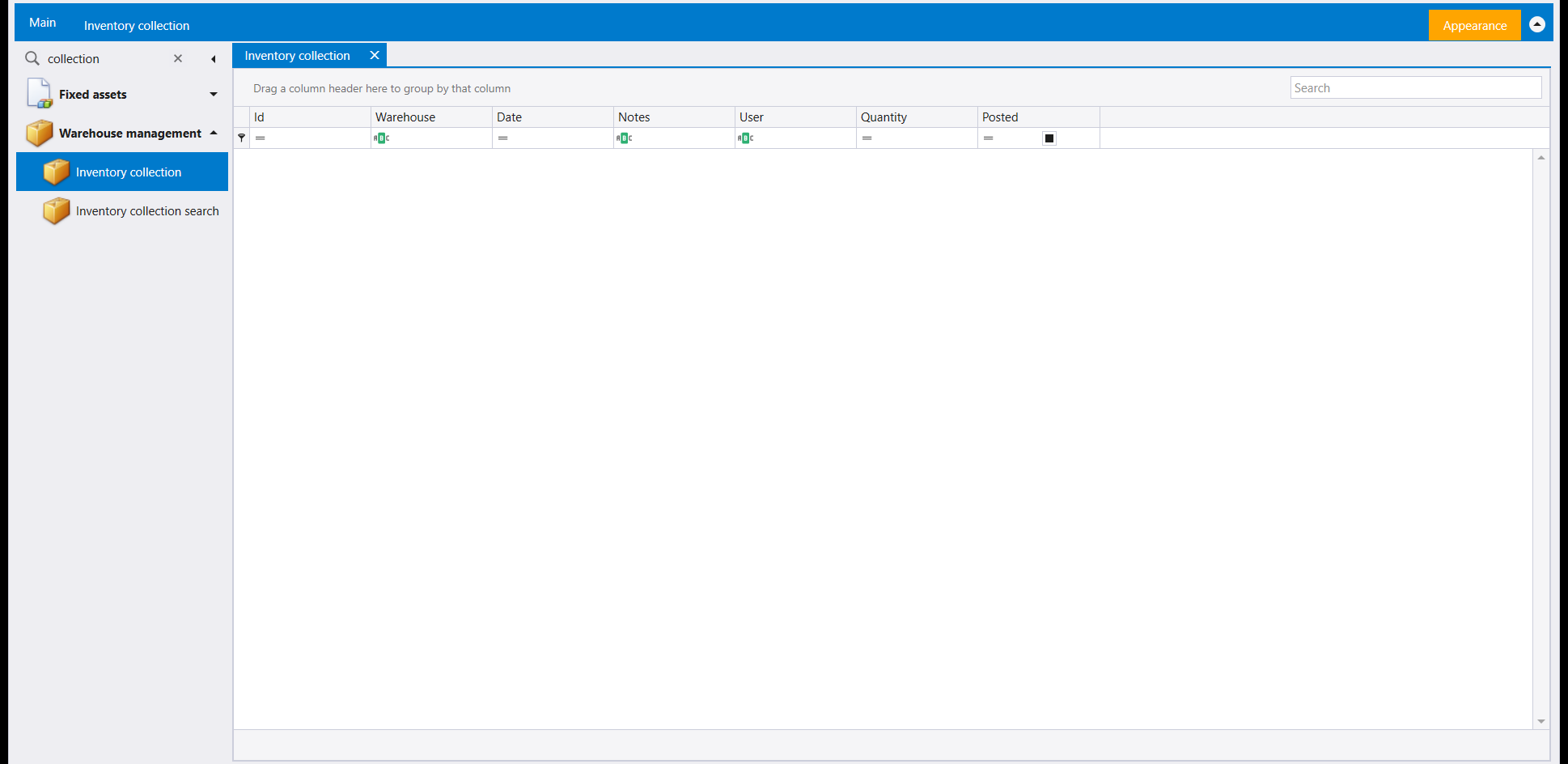 The Inventory collection screen: a grid listing saved counts by Id, Warehouse, Date, Notes, User, Quantity and Posted