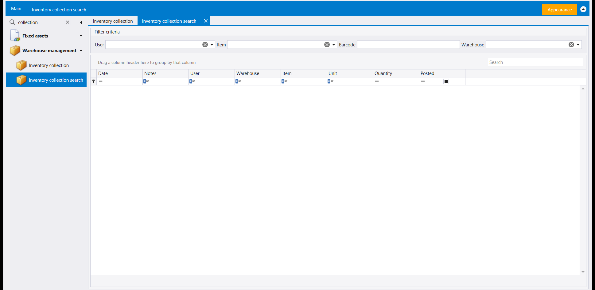 The Inventory collection search screen: filter fields for User, Item, Barcode and Warehouse above a grid with Date, Notes, User, Warehouse, Item, Unit, Quantity and Posted columns