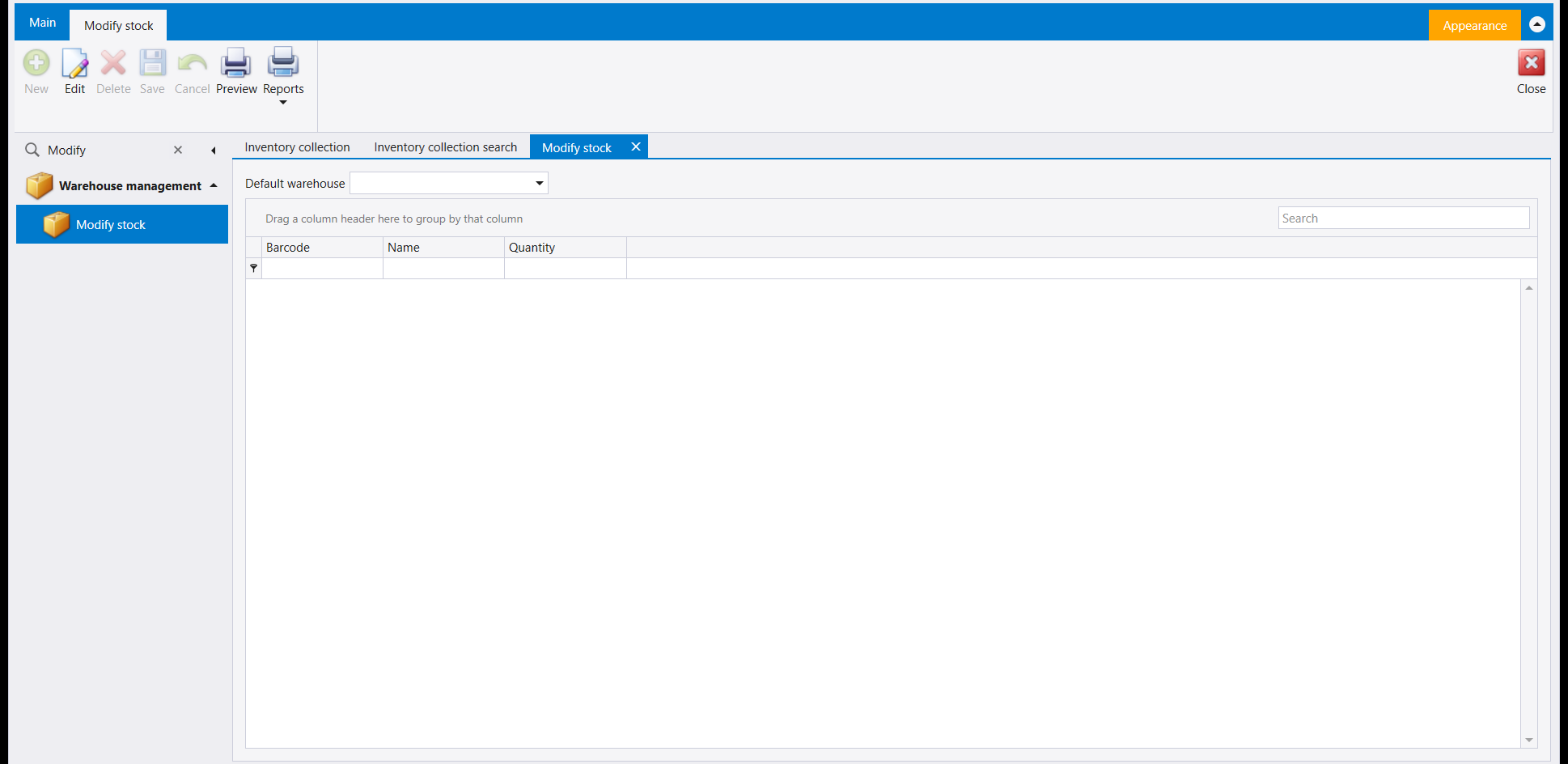 The Modify stock screen: a Default warehouse picker above an empty grid with Barcode, Name and Quantity columns