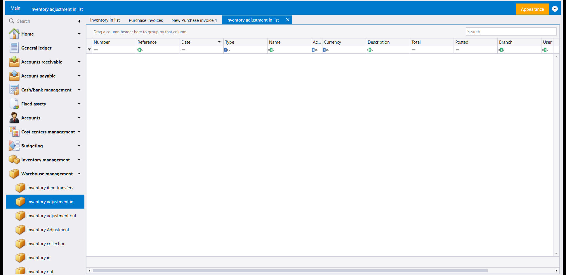 The Inventory adjustment in list, empty, with columns Number, Reference, Date, Type, Name, Currency, Description, Total, Posted, Branch and User