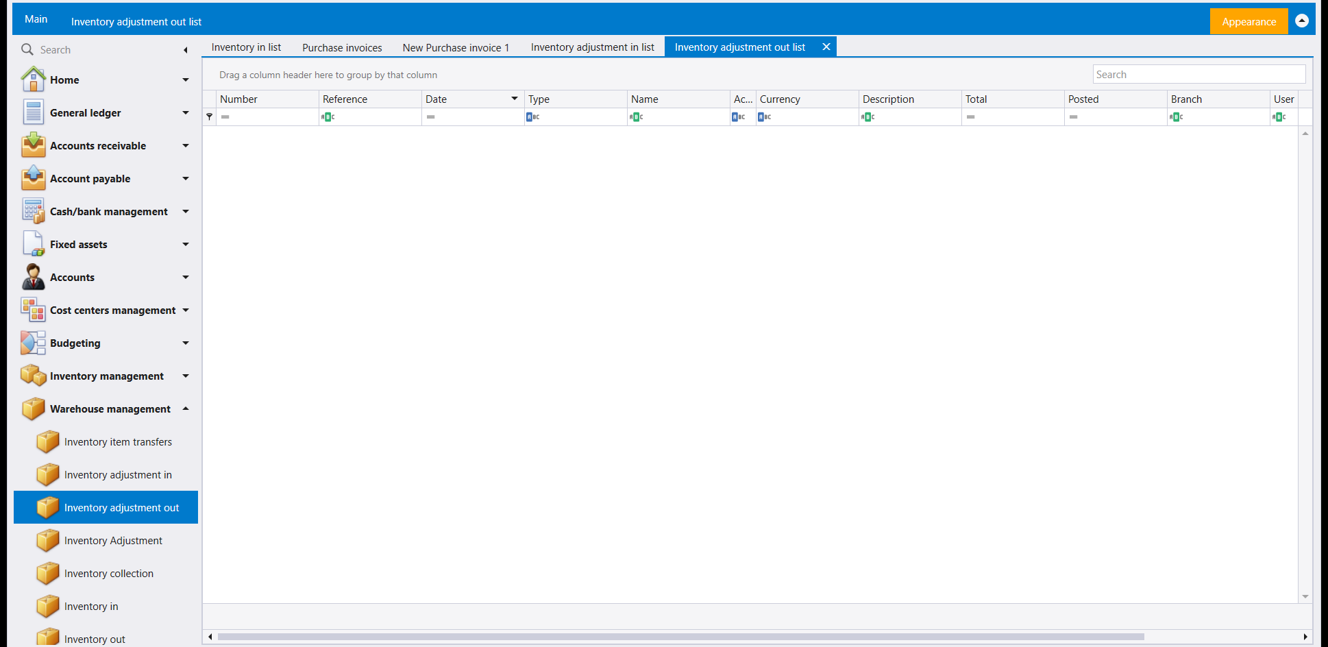 The Inventory adjustment out list, empty, with the same columns as the Inventory adjustment in list